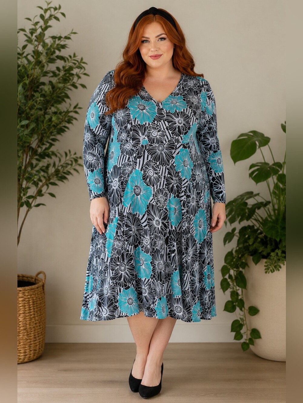 Signature Collection Plus Size 3x: Teal Floral Long Sleeve Midi Length Dress